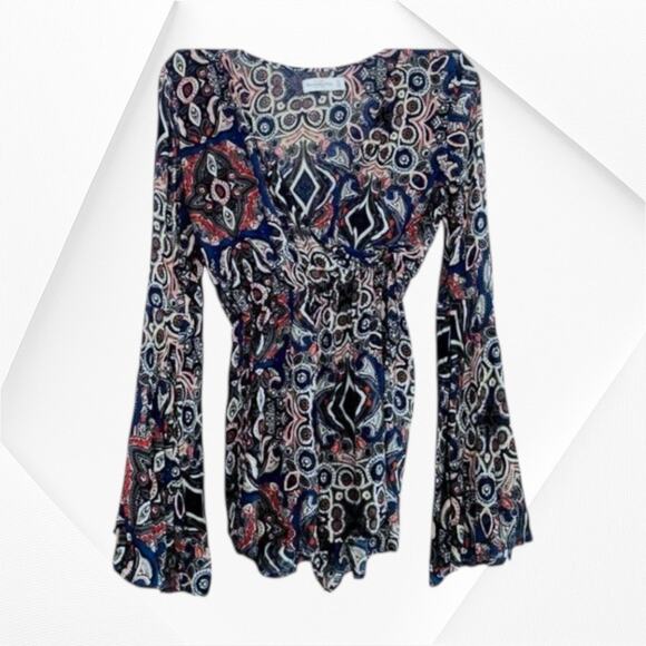 Abercrombie & Fitch ROMPER Womens SZ S Blue Paisley Bell Sleeves Short V-Neck - Picture 6 of 7